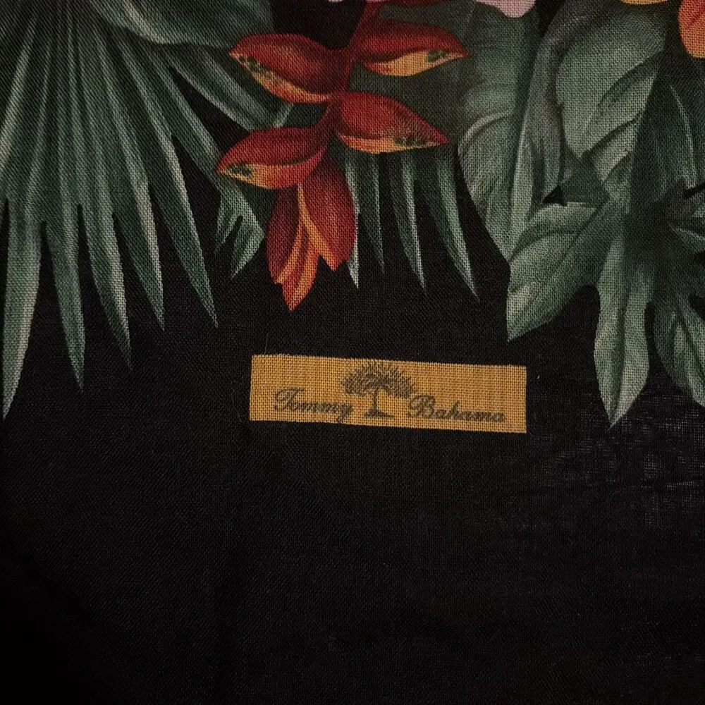 Vintage Tommy Bahama Large Square Scarf Black Fringe Hibiscus‎ Tropical Cotton